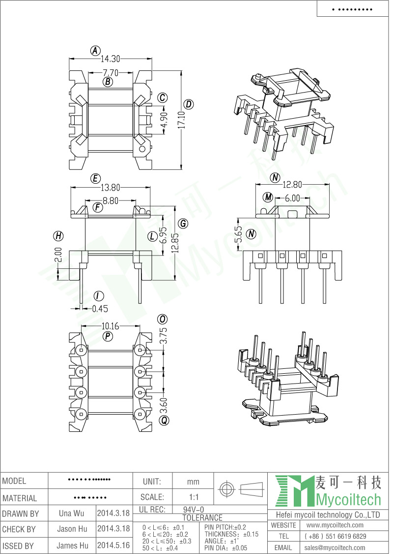 4+4 Pins EF16 Vertical Transformer Bobbin