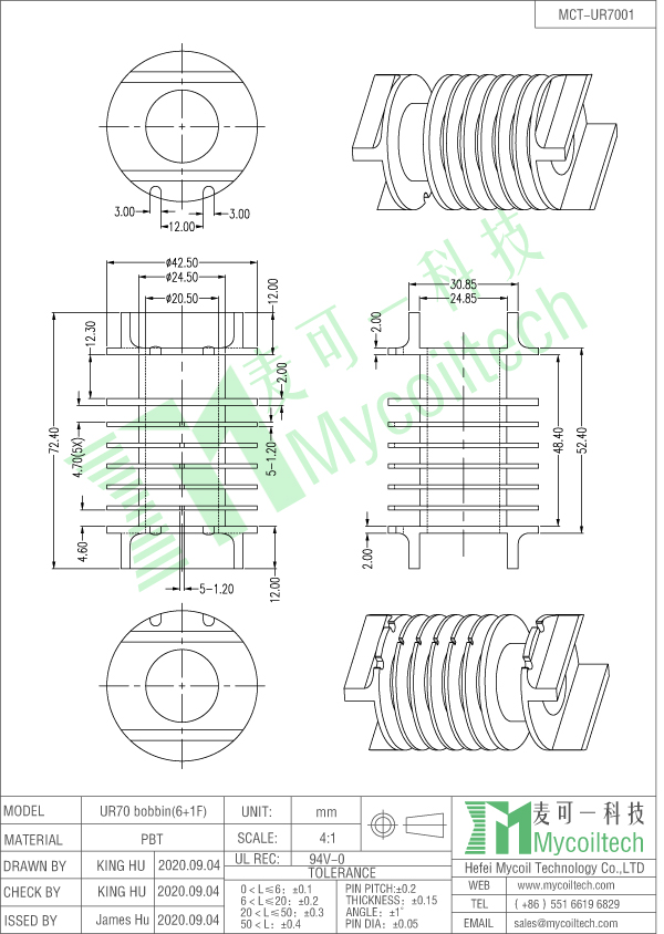 UR70 ferrite core bobbin